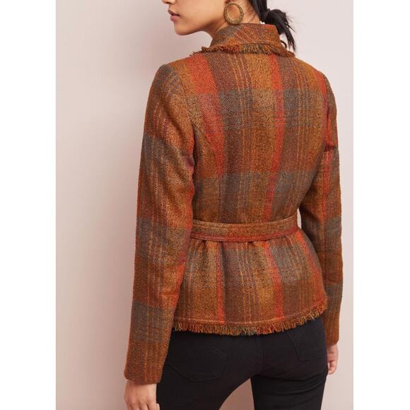 Anthropologie Cartonnier Plaid Wrap Blazer Women 0 Brown Fringe Tweed Fall - Picture 3 of 16